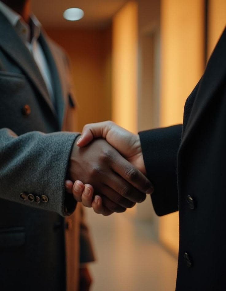MV Broking shaking hands with a client at settlement